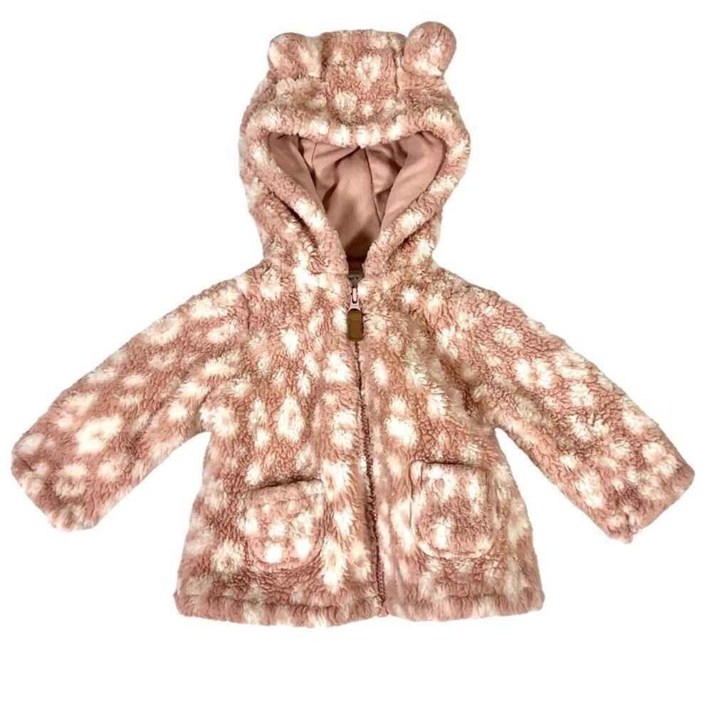 Carters SZ 3M Fluffy Fleece Animal Print Dusty Pink Full Zip Jacket with Ears